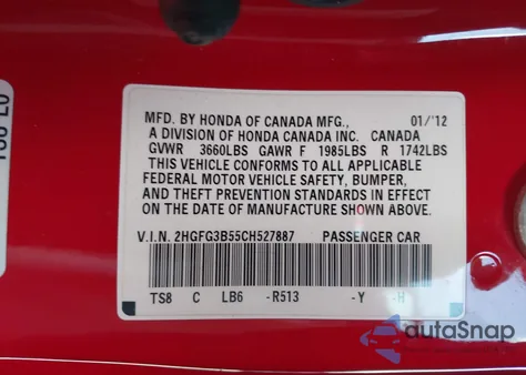 2012 Honda Civic Lx z USA, uszkodzony, nr VIN 2HGFG3B55CH527887